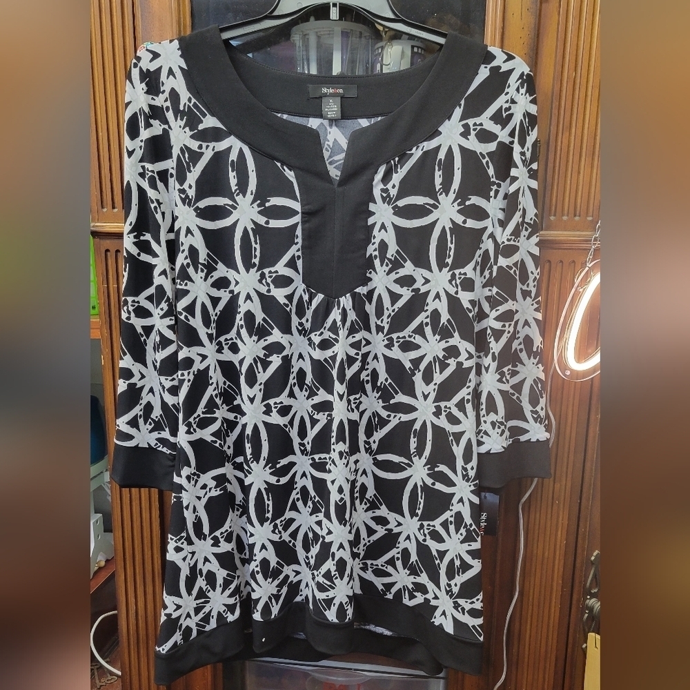 Style & Co. Black White Gray Patterned Tunic 3/4 Sleeve Top XL